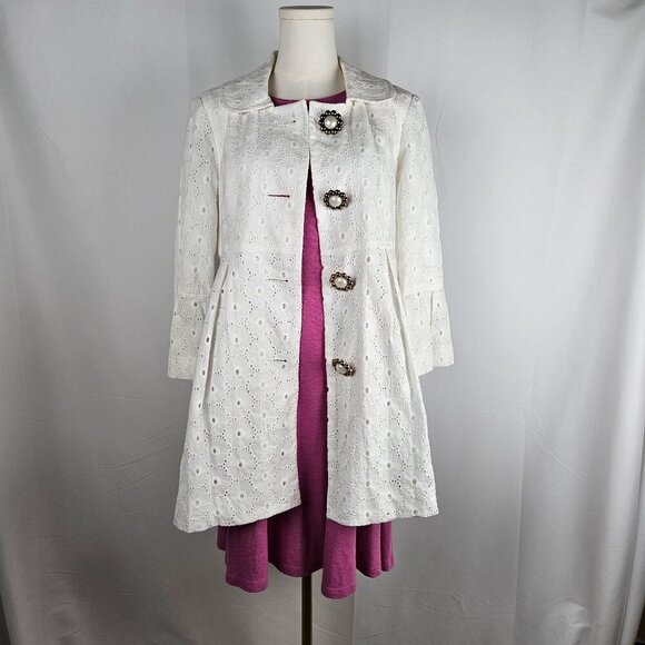 Skirtin Around Coat Dress Size 8 White Eyelet Cotton Y2K Retro Vintage Boho - Picture 3 of 14